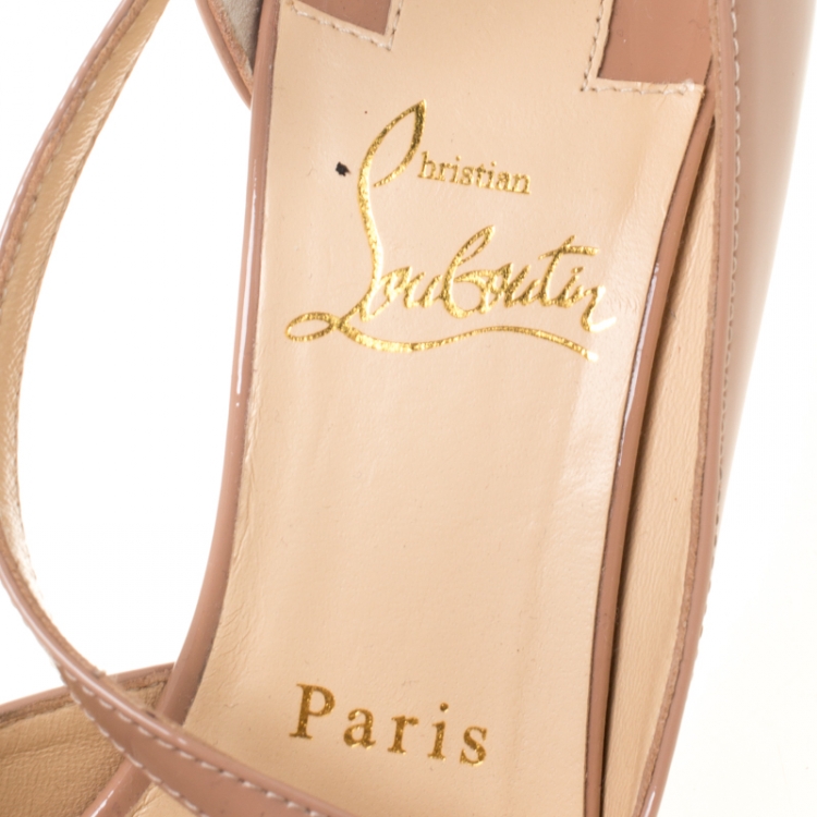 Pre Owned Christian Louboutin Beige Patent Leather Jumping Cross Strap Pumps Size 35.5