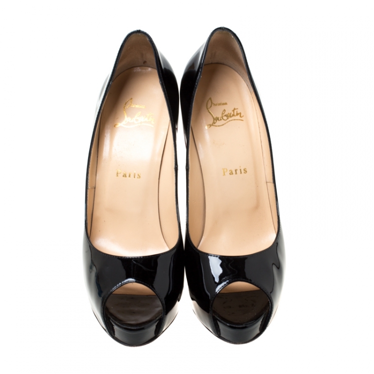 Pre Owned Christian Louboutin Black Patent Leather New Very Prive Peep Toe Pumps Size 38.5