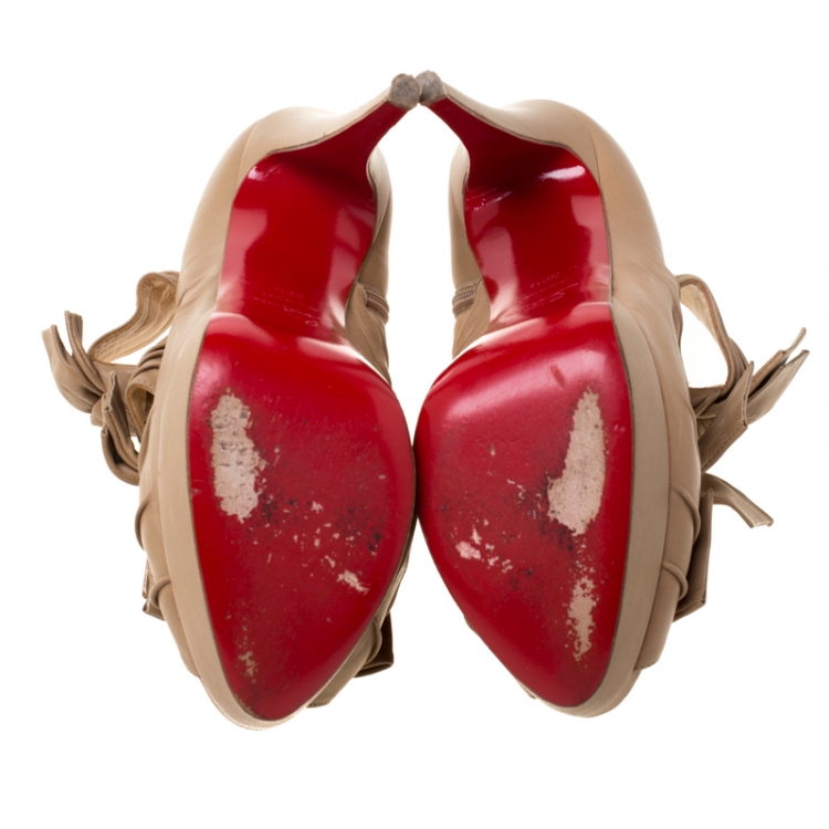 Pre Owned Christian Louboutin Beige Leather Butterfly Knotted Cut Out Booties Size 39.8