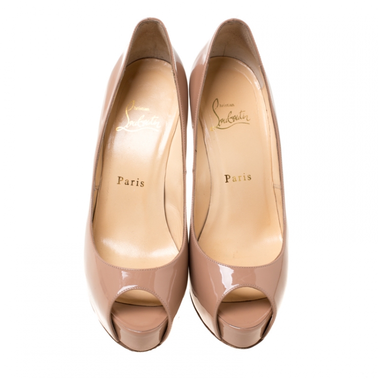 Pre Owned Christian Louboutin Beige Patent Leather Vendome Peep Toe Platform Size 37.5