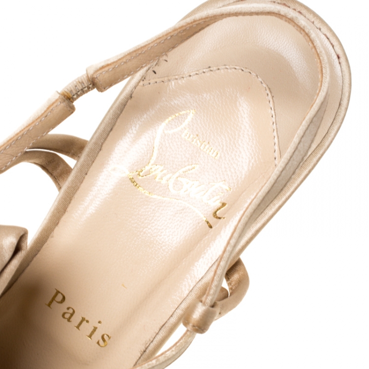 Pre Owned Christian Louboutin Beige Satin Slingback Platform Sandals Size 38.5
