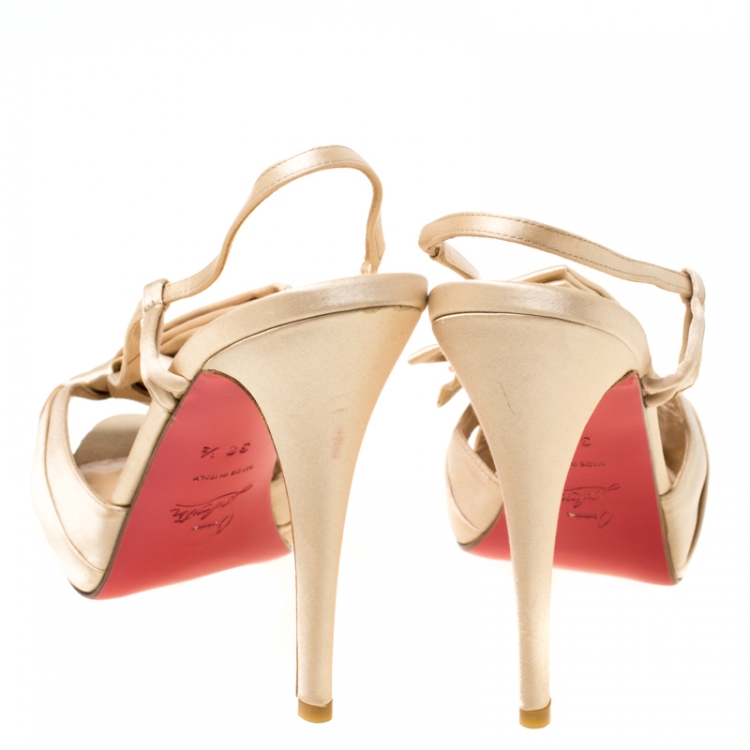 Pre Owned Christian Louboutin Beige Satin Slingback Platform Sandals Size 38.5