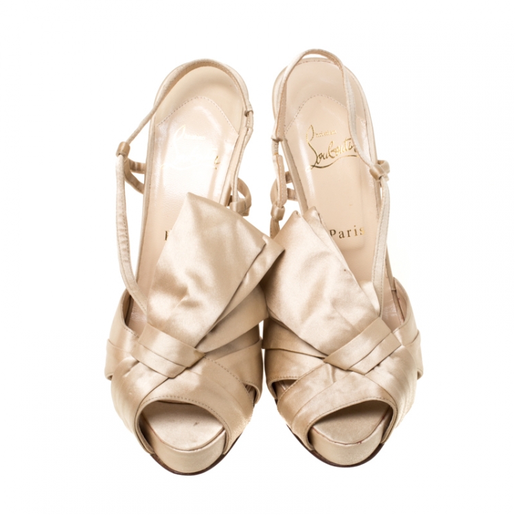 Pre Owned Christian Louboutin Beige Satin Slingback Platform Sandals Size 38.5