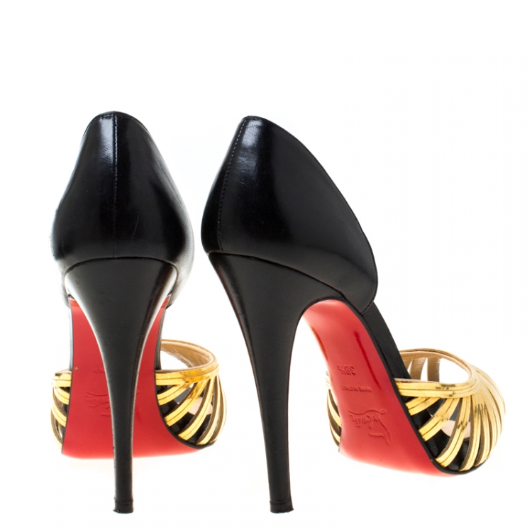 Pre Owned Christian Louboutin Metallic Gold Metal And Black Leather Open Toe Pumps Size 38.5
