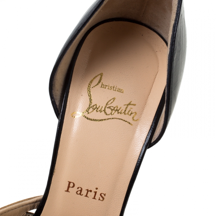 Pre Owned Christian Louboutin Metallic Gold Metal And Black Leather Open Toe Pumps Size 38.5