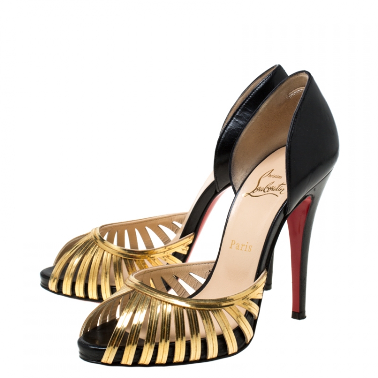 Pre Owned Christian Louboutin Metallic Gold Metal And Black Leather Open Toe Pumps Size 38.5