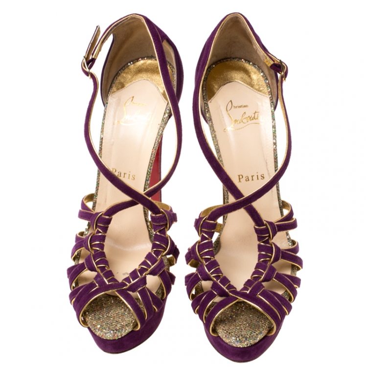 Pre Owned Christian Louboutin Purple Suede Strappy Platform Sandals Size 39