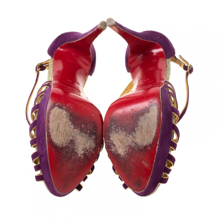 Pre Owned Christian Louboutin Purple Suede Strappy Platform Sandals Size 39