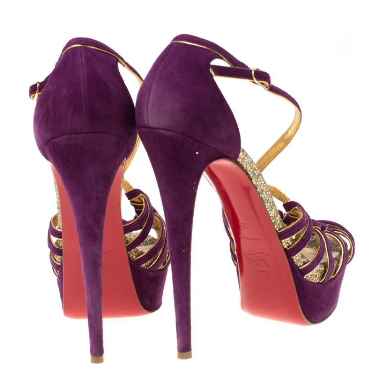 Pre Owned Christian Louboutin Purple Suede Strappy Platform Sandals Size 39