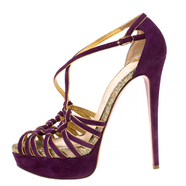 Pre Owned Christian Louboutin Purple Suede Strappy Platform Sandals Size 39