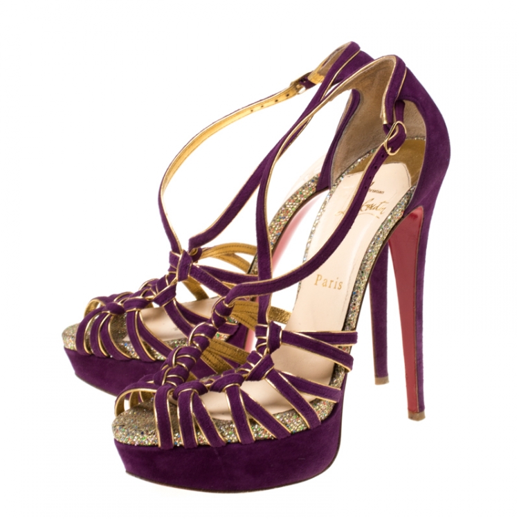 Pre Owned Christian Louboutin Purple Suede Strappy Platform Sandals Size 39