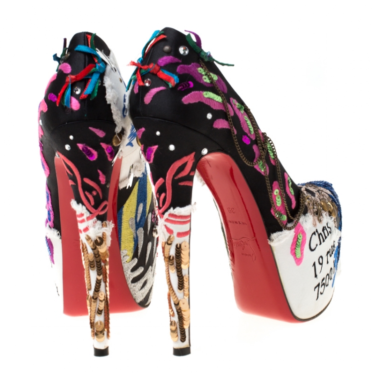 Pre Owned Christian Louboutin Multicolor Satin Daffodile Embellished Platform Pumps Size 39