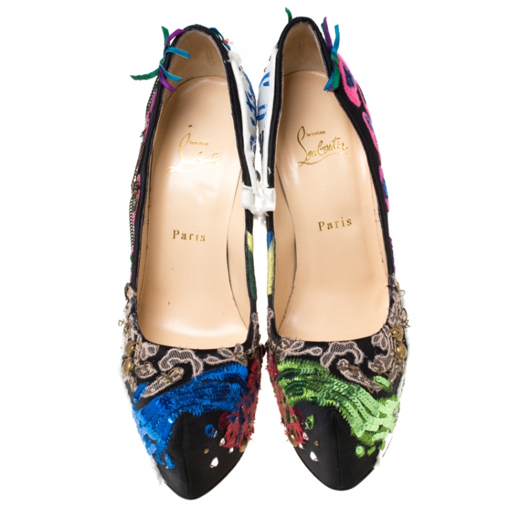 Pre Owned Christian Louboutin Multicolor Satin Daffodile Embellished Platform Pumps Size 39
