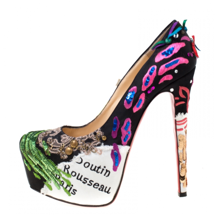 Pre Owned Christian Louboutin Multicolor Satin Daffodile Embellished Platform Pumps Size 39