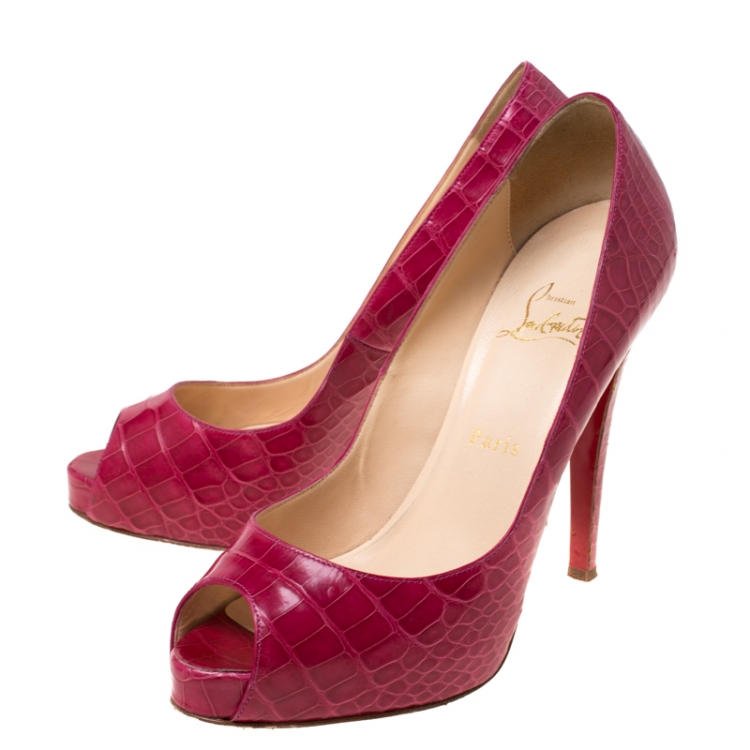 Pre Owned Christian Louboutin Pink Alligator Leather Peep Toe Platform Pumps Size 39