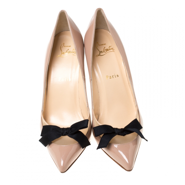 Pre Owned Christian Louboutin Beige Patent Leather And Mesh Bow Pointed Toe Pumps Size 37.5