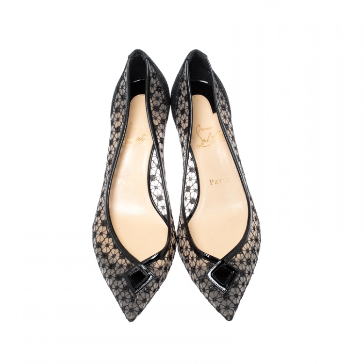 Pre Owned Christian Louboutin Black Lace Pointed Toe Kitten Heels Pumps Size 39.5