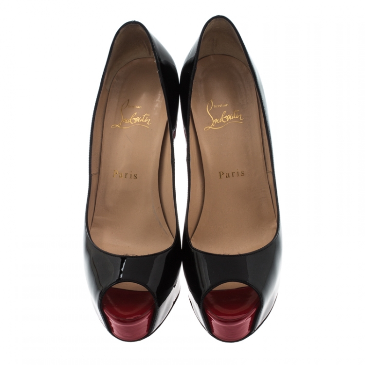 Pre Owned Christian Louboutin Black Patent Leather Peep Toe Platform Pumps Size 38