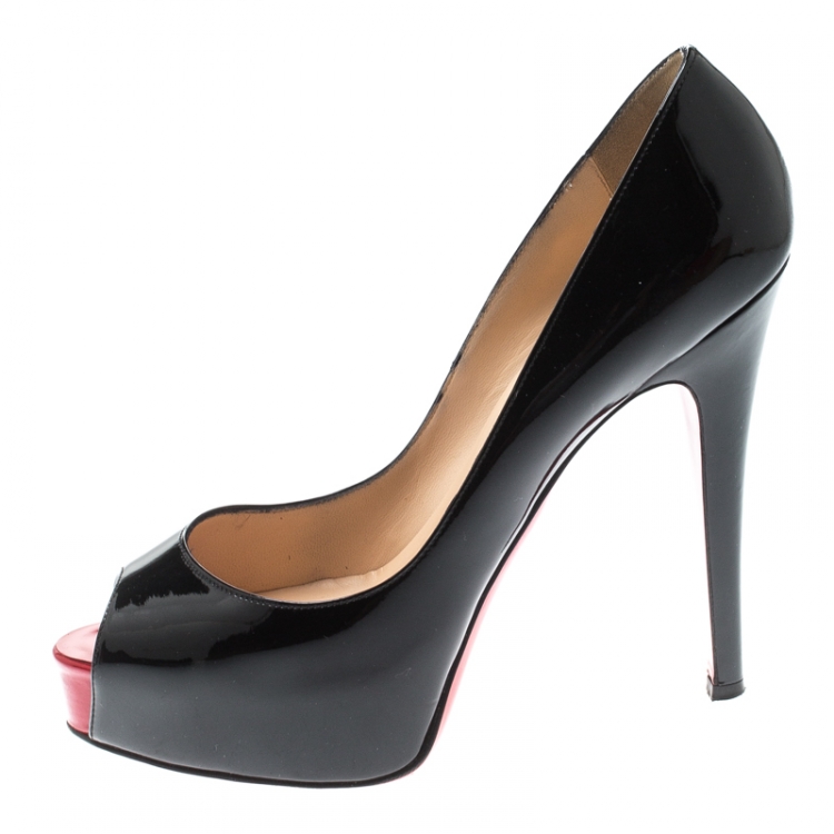 Pre Owned Christian Louboutin Black Patent Leather Peep Toe Platform Pumps Size 38