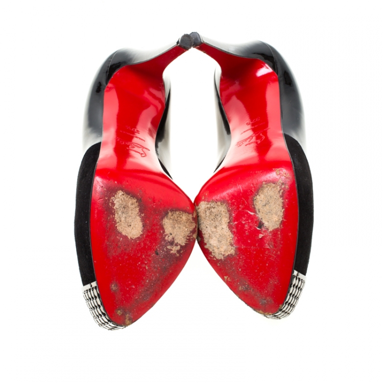 Pre Owned Christian Louboutin Black Patent Leather And Suede Maggie Embellished Cap Toe Platform Pumps Size 37.5