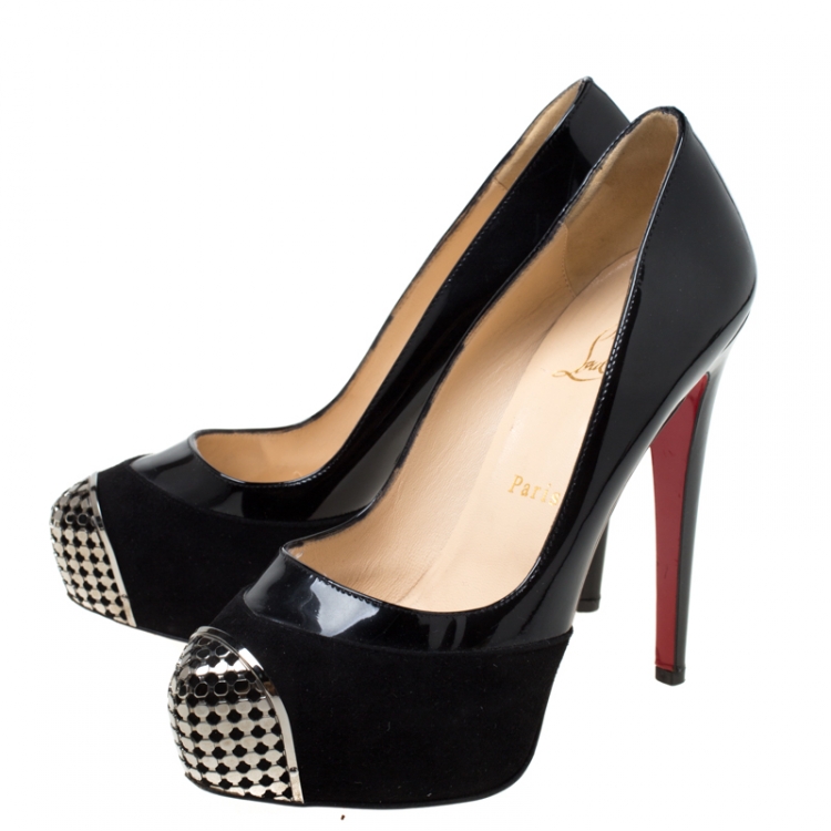 Pre Owned Christian Louboutin Black Patent Leather And Suede Maggie Embellished Cap Toe Platform Pumps Size 37.5
