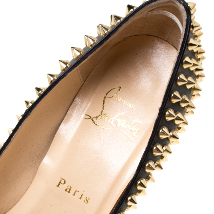 Pre Owned Christian Louboutin Black Leather Spikes Embellished Pointed Toe Pumps Size 36.5