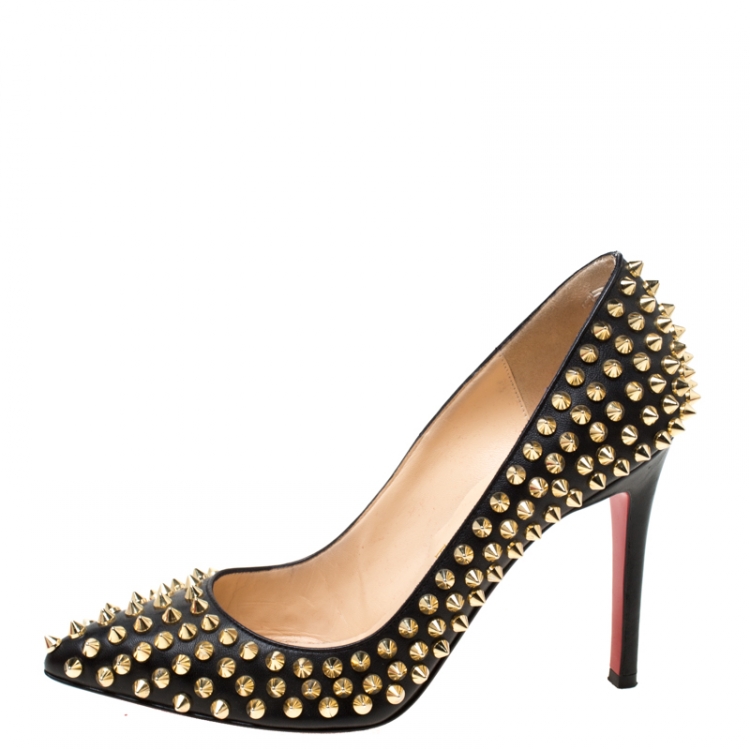Pre Owned Christian Louboutin Black Leather Spikes Embellished Pointed Toe Pumps Size 36.5