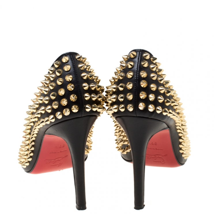 Pre Owned Christian Louboutin Black Leather Spikes Embellished Pointed Toe Pumps Size 36.5