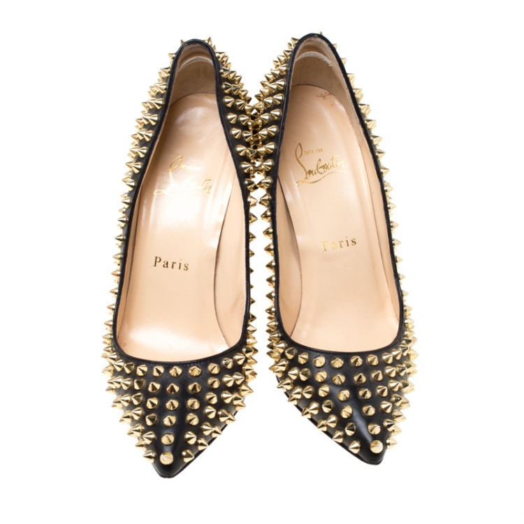 Pre Owned Christian Louboutin Black Leather Spikes Embellished Pointed Toe Pumps Size 36.5