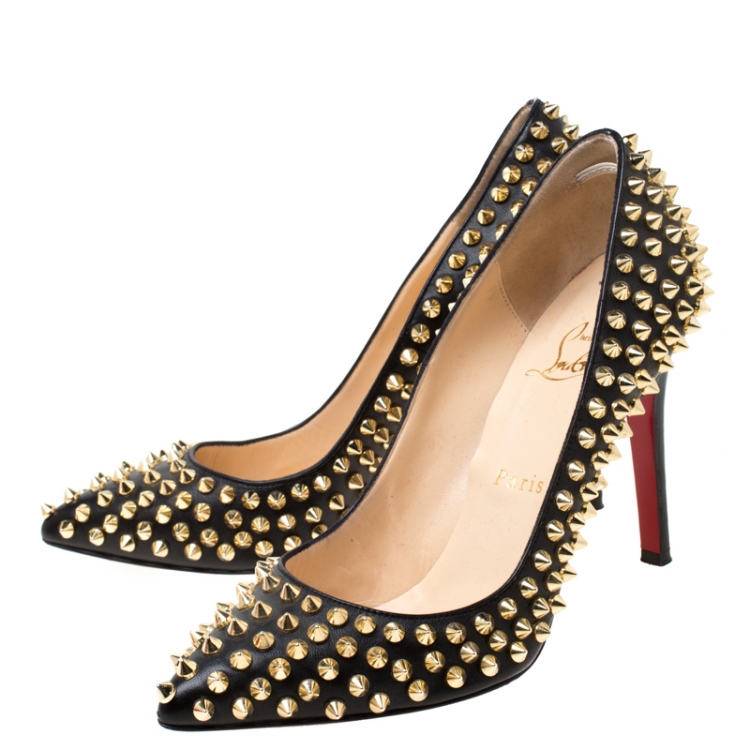 Pre Owned Christian Louboutin Black Leather Spikes Embellished Pointed Toe Pumps Size 36.5