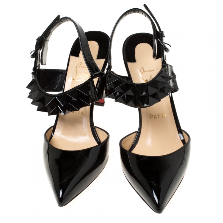 Pre Owned  Christian Louboutin  Black Patent Ziggoo Spike Ankle Strap Sandals Size 38