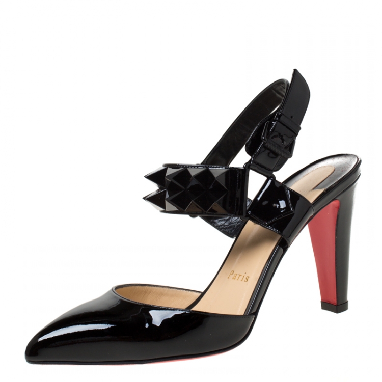 Pre Owned  Christian Louboutin  Black Patent Ziggoo Spike Ankle Strap Sandals Size 38