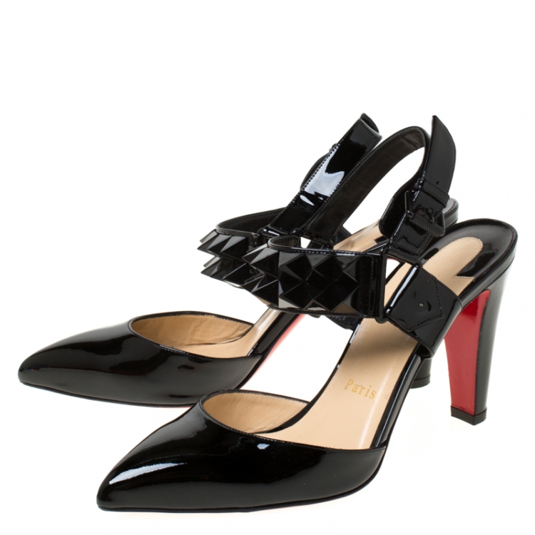 Pre Owned  Christian Louboutin  Black Patent Ziggoo Spike Ankle Strap Sandals Size 38