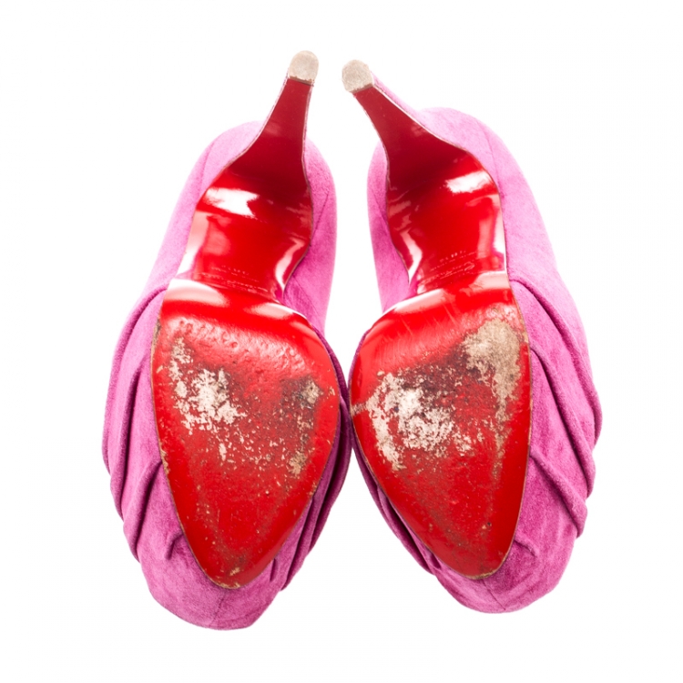Pre Owned Christian Louboutin Fuschia Pink Ruched Suede Drapesse Peep Toe Platform Pumps Size 38.5
