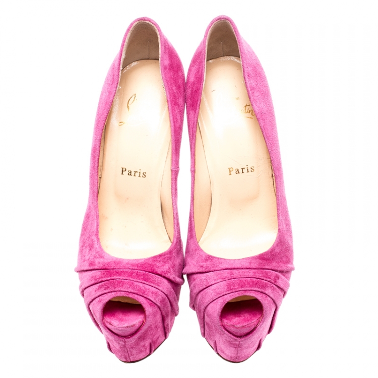 Pre Owned Christian Louboutin Fuschia Pink Ruched Suede Drapesse Peep Toe Platform Pumps Size 38.5