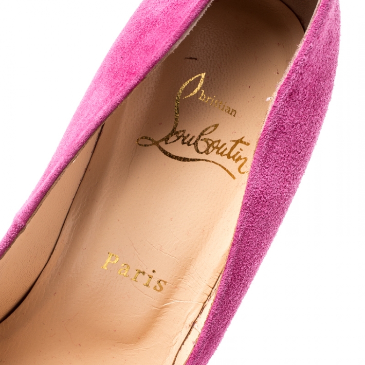 Pre Owned Christian Louboutin Fuschia Pink Ruched Suede Drapesse Peep Toe Platform Pumps Size 38.5