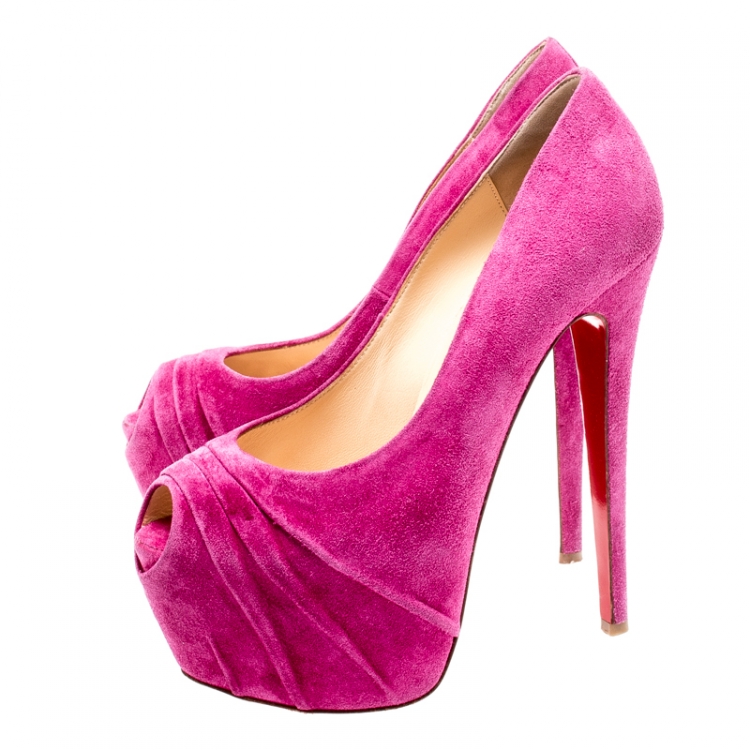 Pre Owned Christian Louboutin Fuschia Pink Ruched Suede Drapesse Peep Toe Platform Pumps Size 38.5