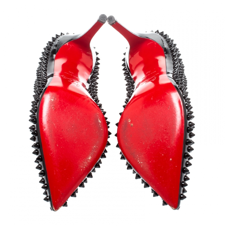 Pre Owned Christian Louboutin Black Patent Leather Follies Spikes Pointed Toe Pumps Size 38