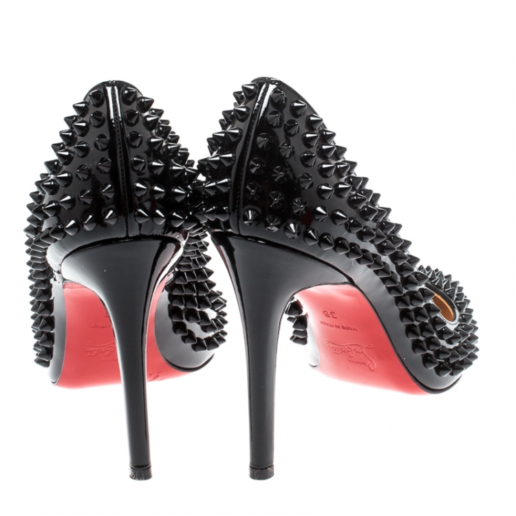 Pre Owned Christian Louboutin Black Patent Leather Follies Spikes Pointed Toe Pumps Size 38