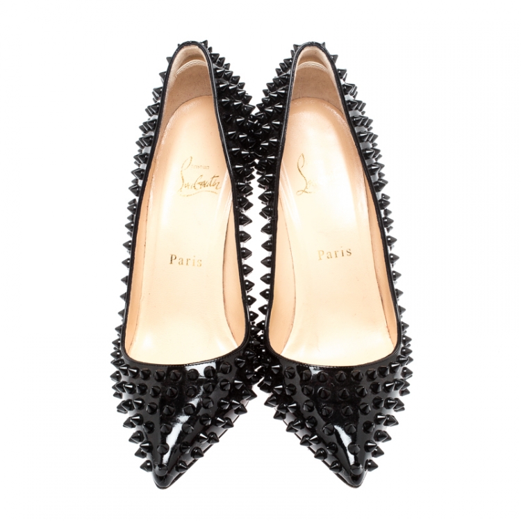 Pre Owned Christian Louboutin Black Patent Leather Follies Spikes Pointed Toe Pumps Size 38