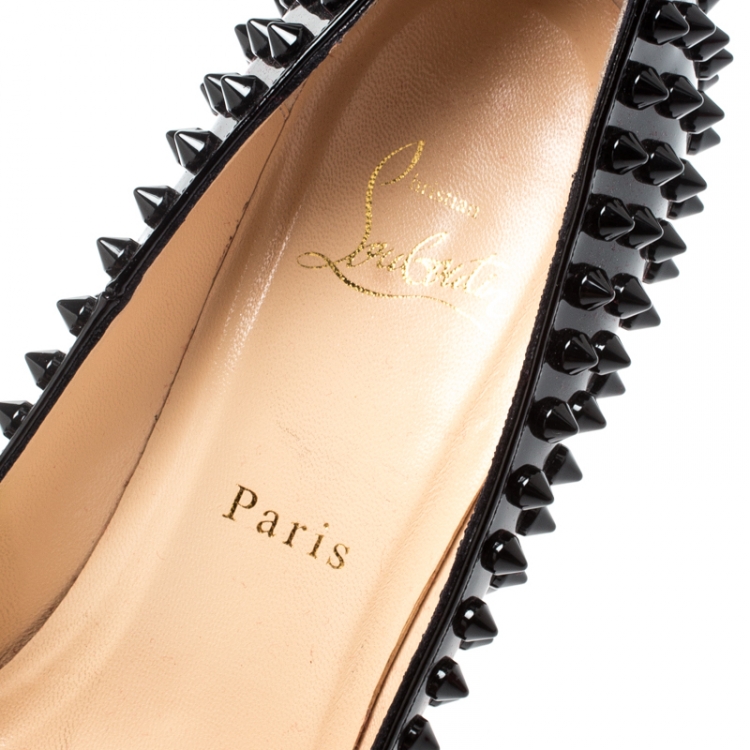 Pre Owned Christian Louboutin Black Patent Leather Follies Spikes Pointed Toe Pumps Size 38