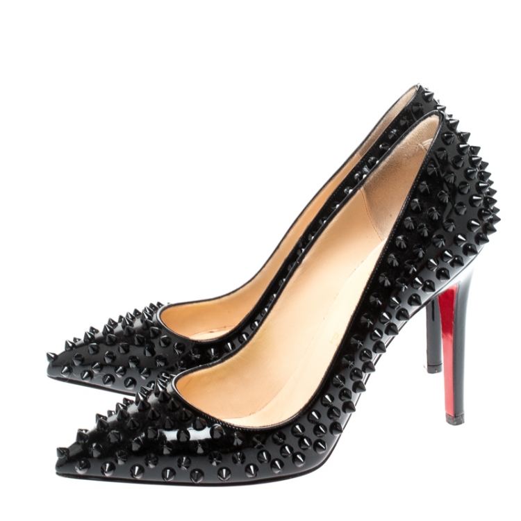 Pre Owned Christian Louboutin Black Patent Leather Follies Spikes Pointed Toe Pumps Size 38