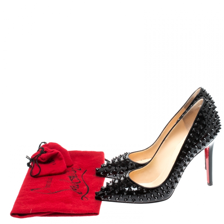Pre Owned Christian Louboutin Black Patent Leather Follies Spikes Pointed Toe Pumps Size 38