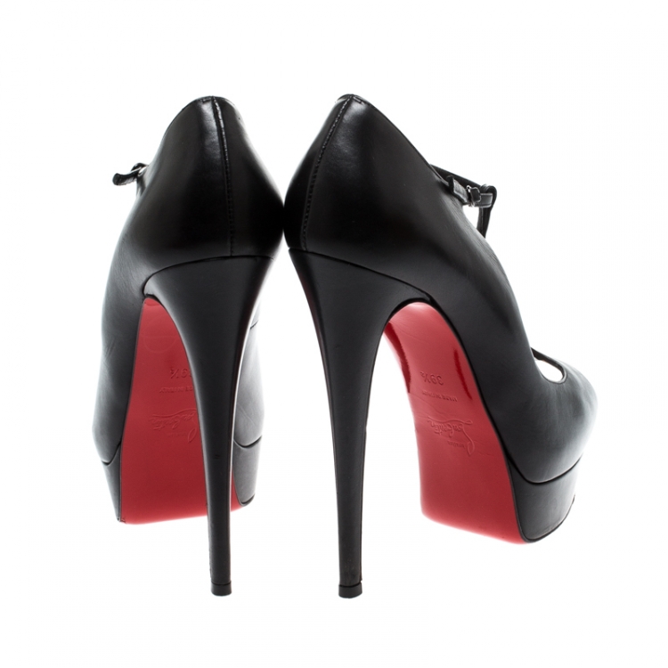 Pre Owned Christian Louboutin Black Leather Alta Poppins T Strap Peep Toe Platfrom Pumps Size 39.5