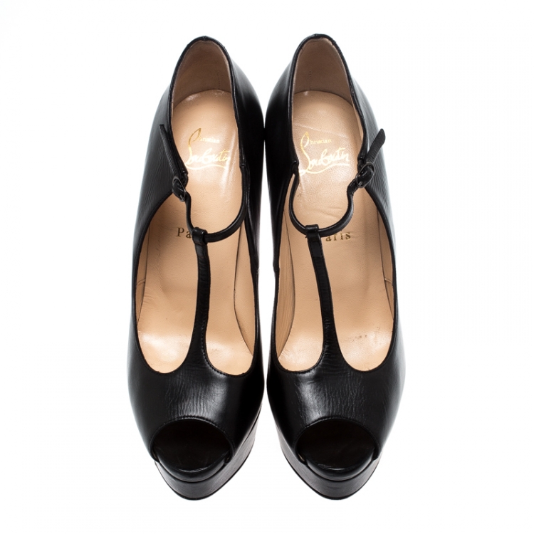 Pre Owned Christian Louboutin Black Leather Alta Poppins T Strap Peep Toe Platfrom Pumps Size 39.5