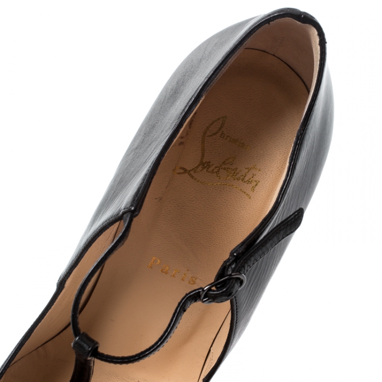 Pre Owned Christian Louboutin Black Leather Alta Poppins T Strap Peep Toe Platfrom Pumps Size 39.5