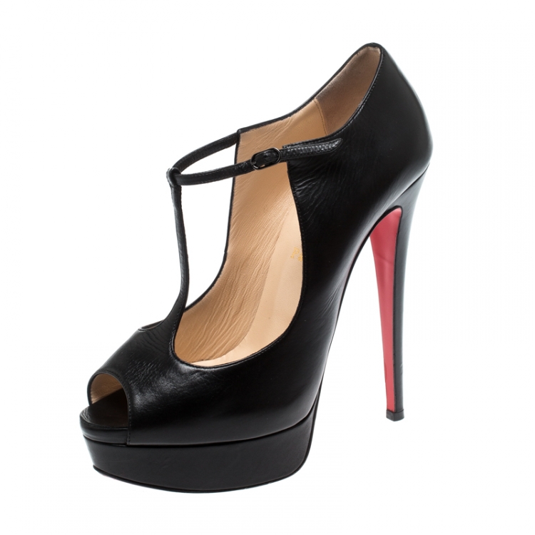 Pre Owned Christian Louboutin Black Leather Alta Poppins T Strap Peep Toe Platfrom Pumps Size 39.5