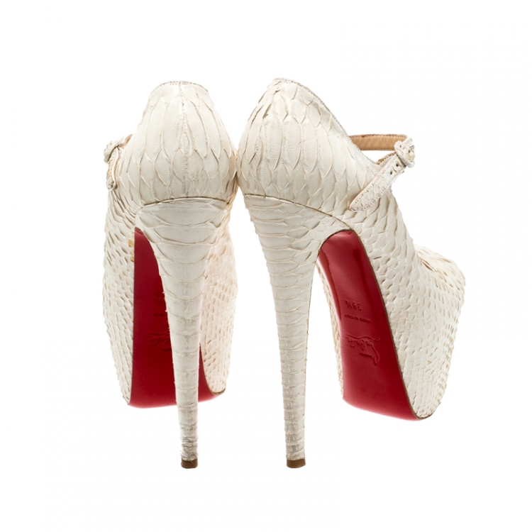Pre Owned Christian Louboutin White Matte Python Lady Highness Peep Toe Pumps Size 38.5