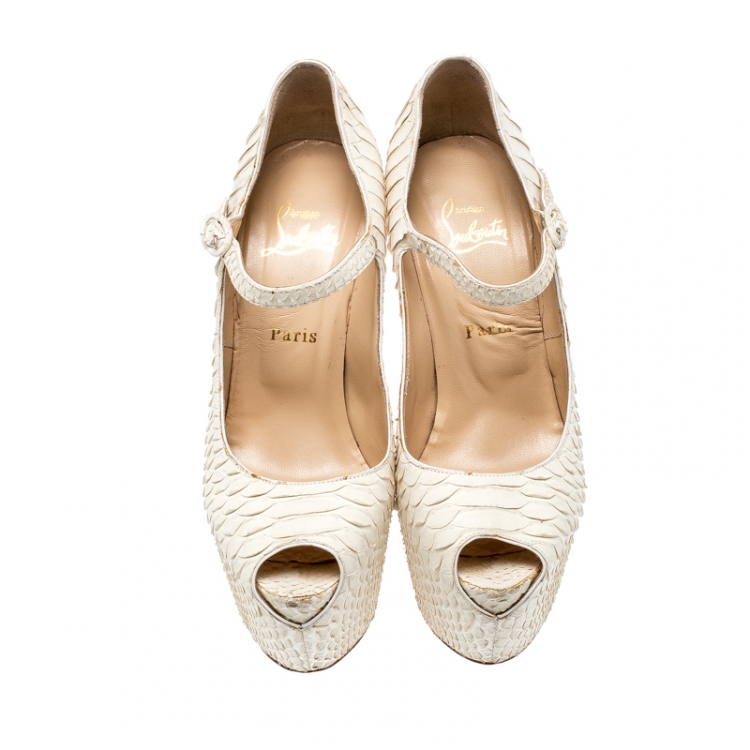 Pre Owned Christian Louboutin White Matte Python Lady Highness Peep Toe Pumps Size 38.5
