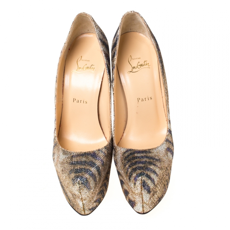 Pre Owned Christian Louboutin Mulitcolor Printed Lamè Fabric Sirene Daffodile Platform Pumps Size 38.5